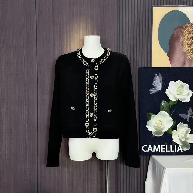 luksusowy metalowy łańcuszek kaszmirowy sweter damski z długim rękawem Vintage guziki dzianinowy wełniany płaszcz elegancki top biurowy J809