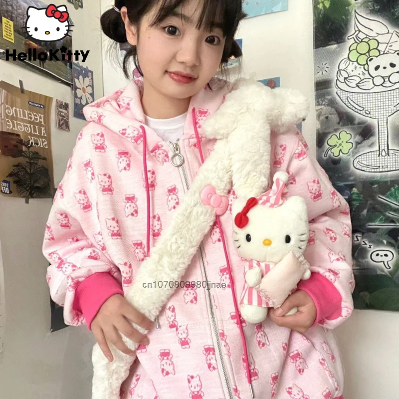 Sanrio Hello Kitty Fashion Pink Hoodie Y2k Girl Harajuku Autumn Zipper Sweatshirts Women Casual Coats Cute Sweater Hooded Female