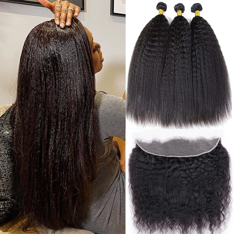 

Brazilian Kinky Straight Bundles With Frontal HD Transparent Yaki Straight Human Hair Weave 3 Bundles With Lace Closure Frontal