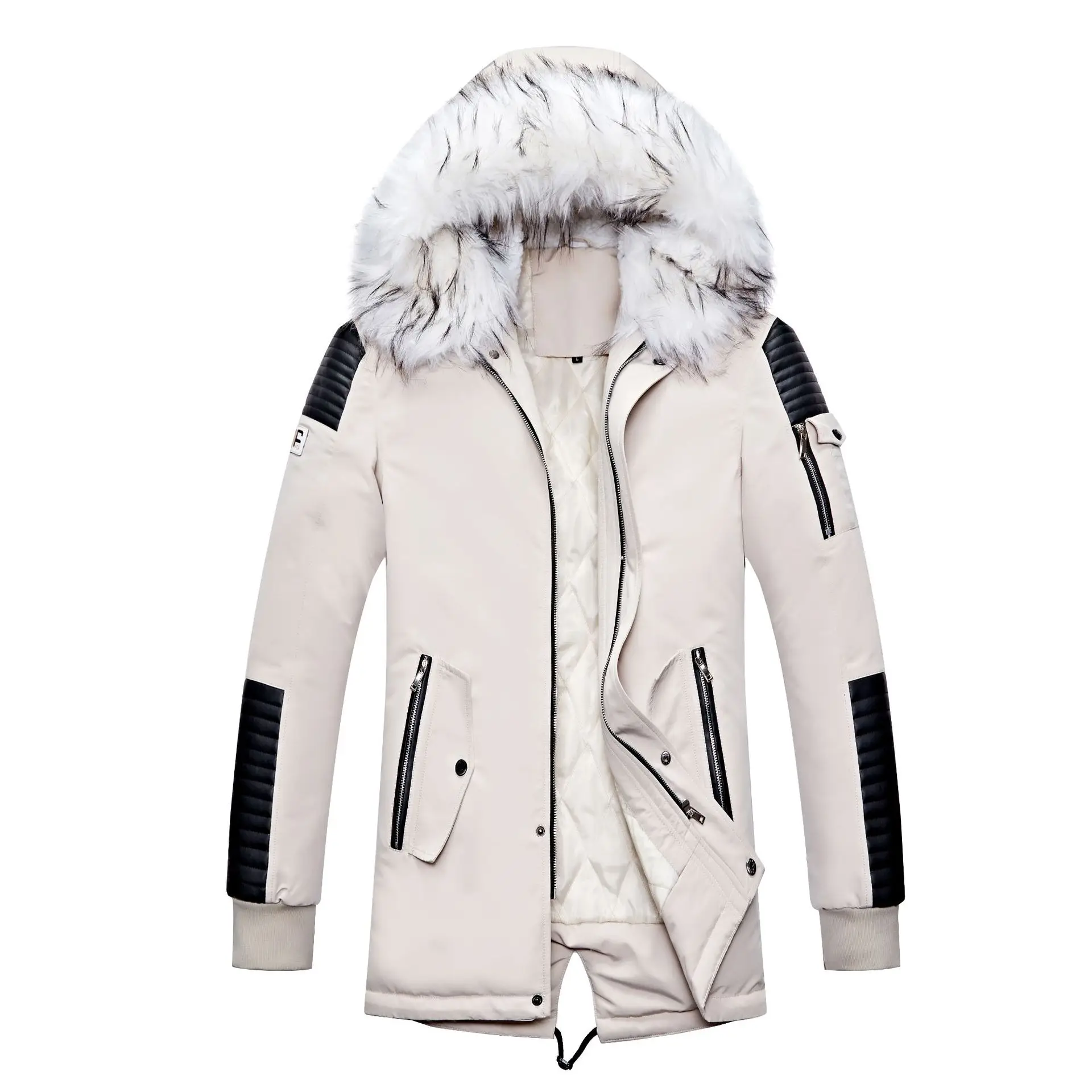 2023 Men's Big White Fur Collar Mid-length Cotton Coat  Men Clothing  Coats  куртка  Casual  пальто  Jaquetas  Polyester