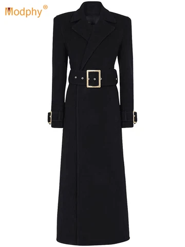 Зима 2023, женские шерстяные пальто Modphy, Элегантная черная приталенная длинная куртка с поясом, Женская шерстяная куртка, пальто, женские длинные пальто