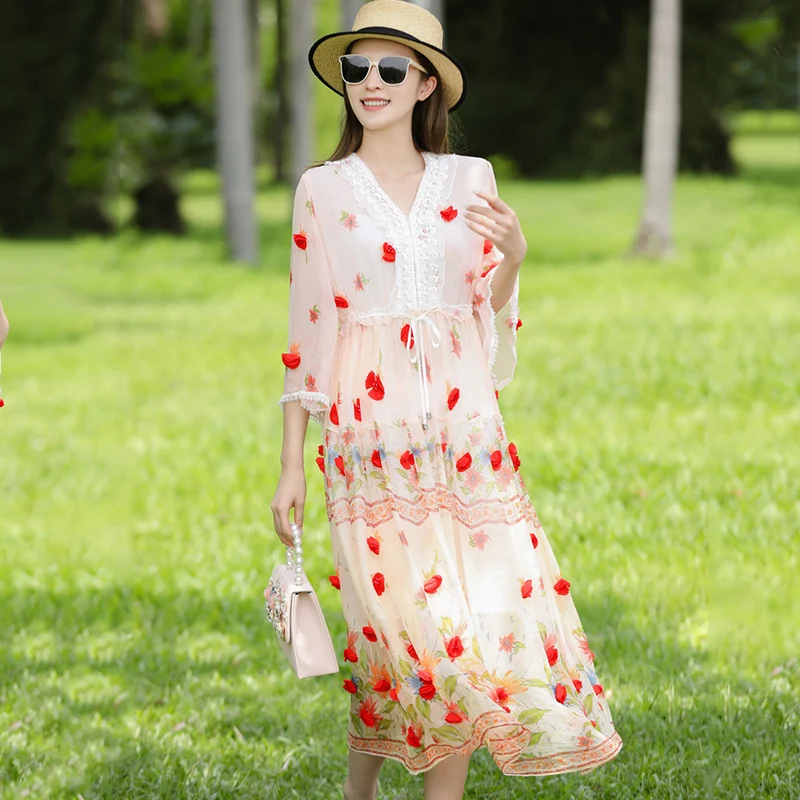 

Summer New High Quality V-Neck Flared Sleeves Vintage Print + Hand-Nailed Flower Loose A-Line Lady Silk Long Dress One Size