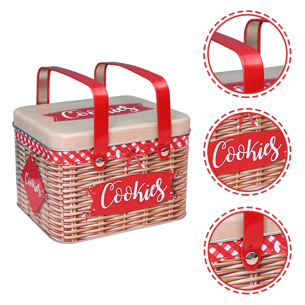 

Cookie Rectangle Metal Tin Handle Design Handheld Candy Imitation Rattan Cake Decorations