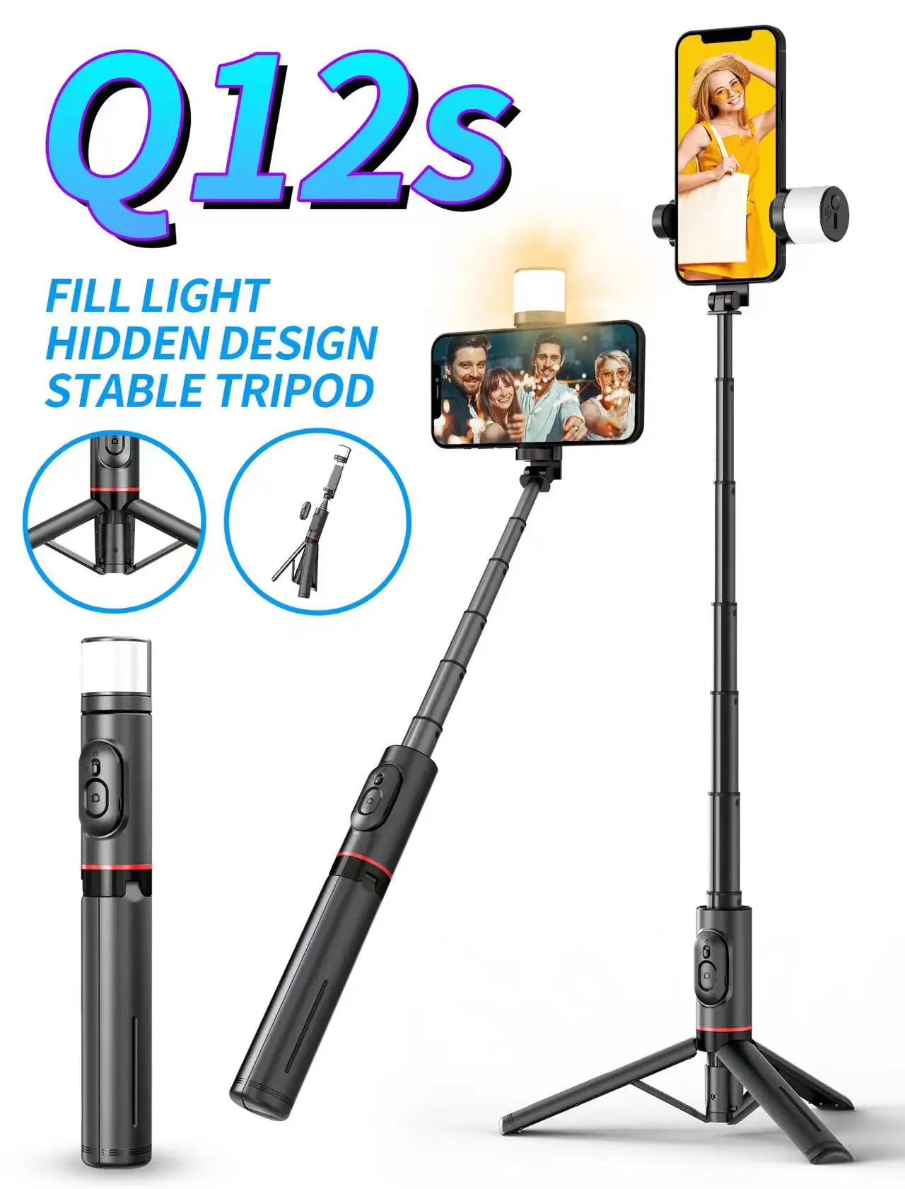 

Q12S Bluetooth Tripod Selfie Stick Hidden Design Rotatable Fill Light lamp Aluminium Alloy with Remote Control Selfie Rod