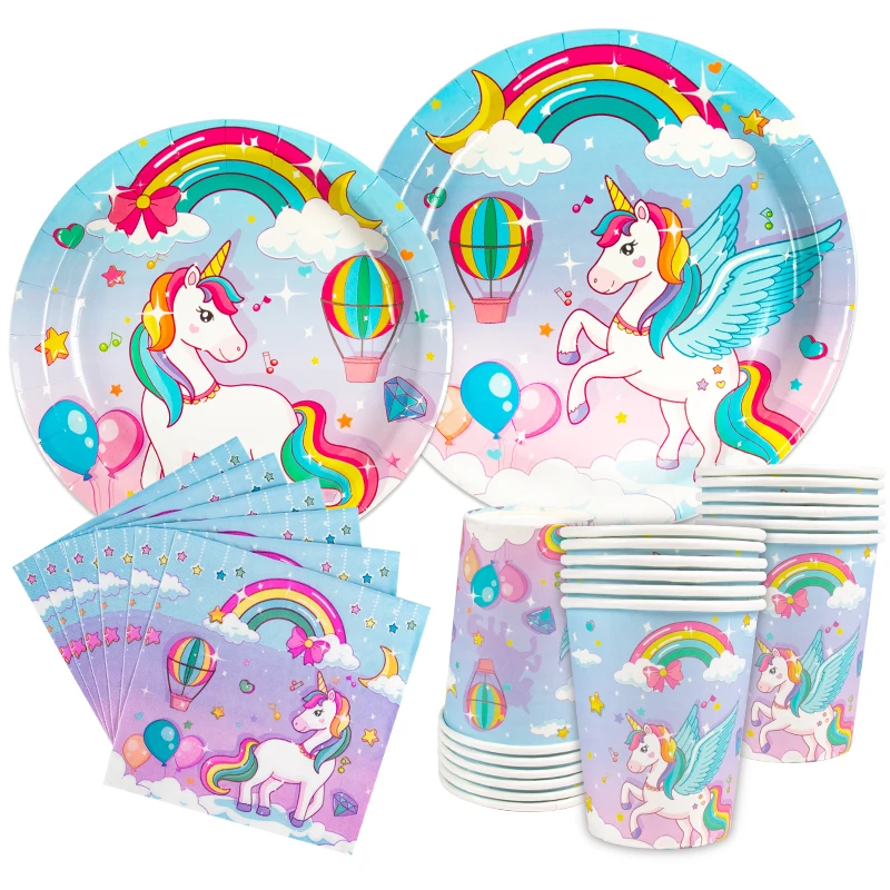 

Girls Unicorn Theme Birthday Party Decoration Rainbow Unicorn Disposable Tableware Paper Plate Cup Tablecloth Baby Shower Favors
