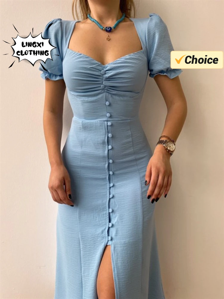 Лето 2024 Женское Сексуальное Платье Миди С V-образным Вырезом Однобортное