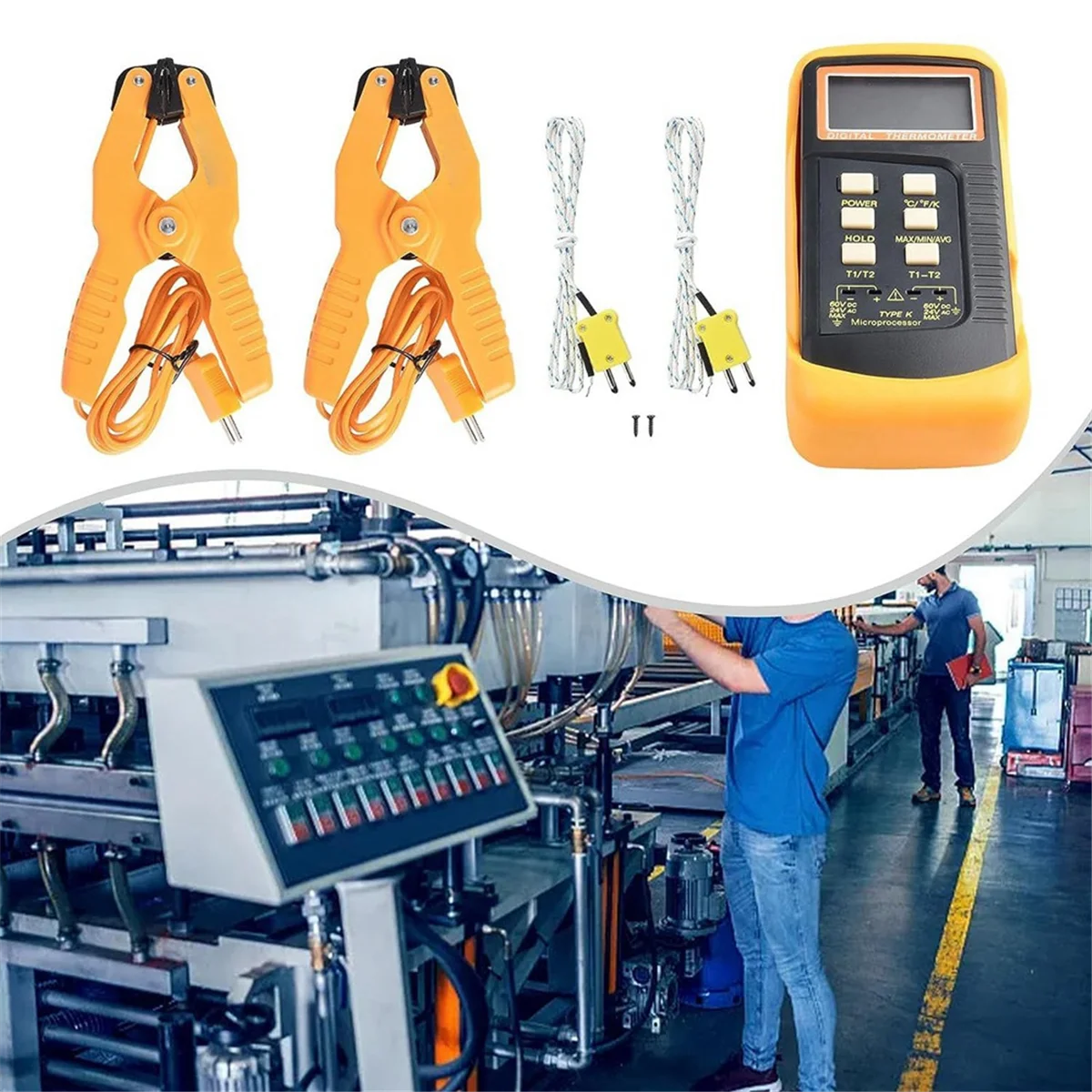 Цифровой термопарный термометр типа K (-50-1300 ° C) Двухканальный 2 хомута для труб