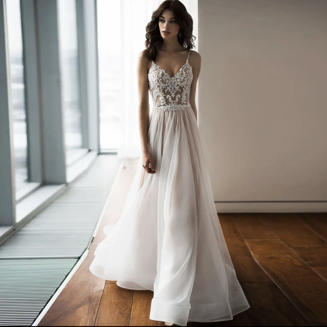 

V-neck Sleeveless Illusion Backless Wedding Dress A-Line Spaghetti Straps 2023 Appliques Lace Boho Bridal Gowns Spaghetti Straps