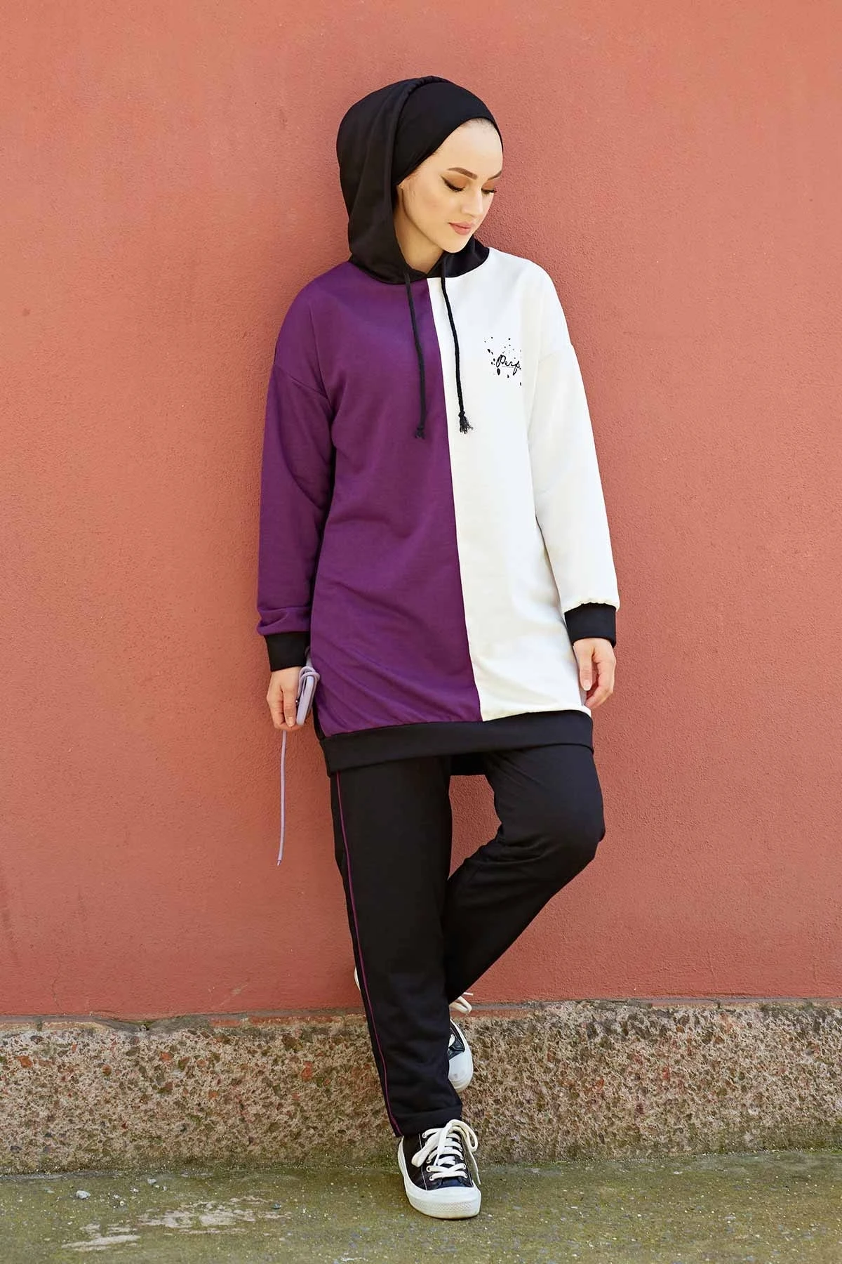 Double Color Hooded Sports Suit NS-White-Purple