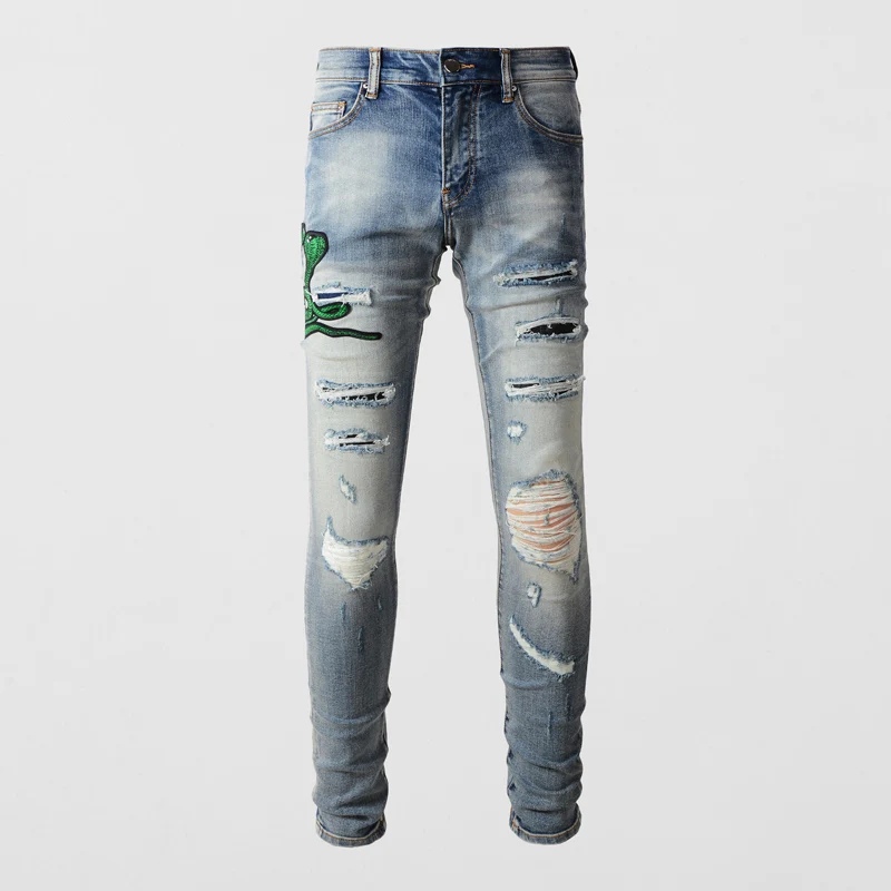 Street Fashion Men Jeans Leather Patch Retro Blue Stretch Skinny Ripped Jeans Men Three Headed Snake Design Hip Hop Brand Pants