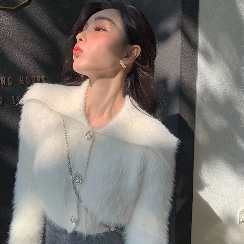 

Sweaters Women Korean Elegant Lapel White Mohair Cardigan Short Sweet Pink Long Sleeve Knit Coat Pull Gentle Wil 2023