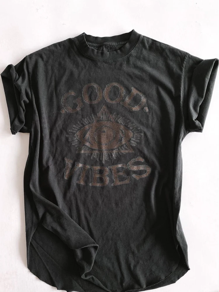 Женская Винтажная футболка с разрезом на боку Good Vibes свободная летняя открытыми