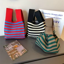 Retro Striped Knitted Bag Handbag Minimalist Korean Women Mini Knot Wrist Bag Tote Bag Shoulder Bag Reusable Shopping Bag