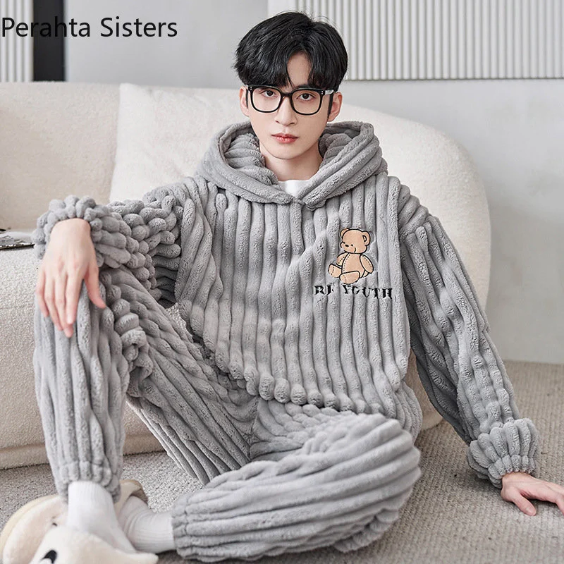 

New Men's Flannel 2023 Pajamas Set Autumn Winter Coral Fleece Long Sleeve Hooded House Clothes Male Home Wear Warm Suit