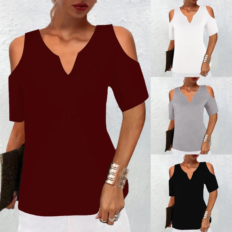 

Summer Women Sexy T-Shirt Solid Color Hollow Out Off Shoulder Shirts Casual Short Sleeve O-Neck Pullover Tops Fashion Streetwear
