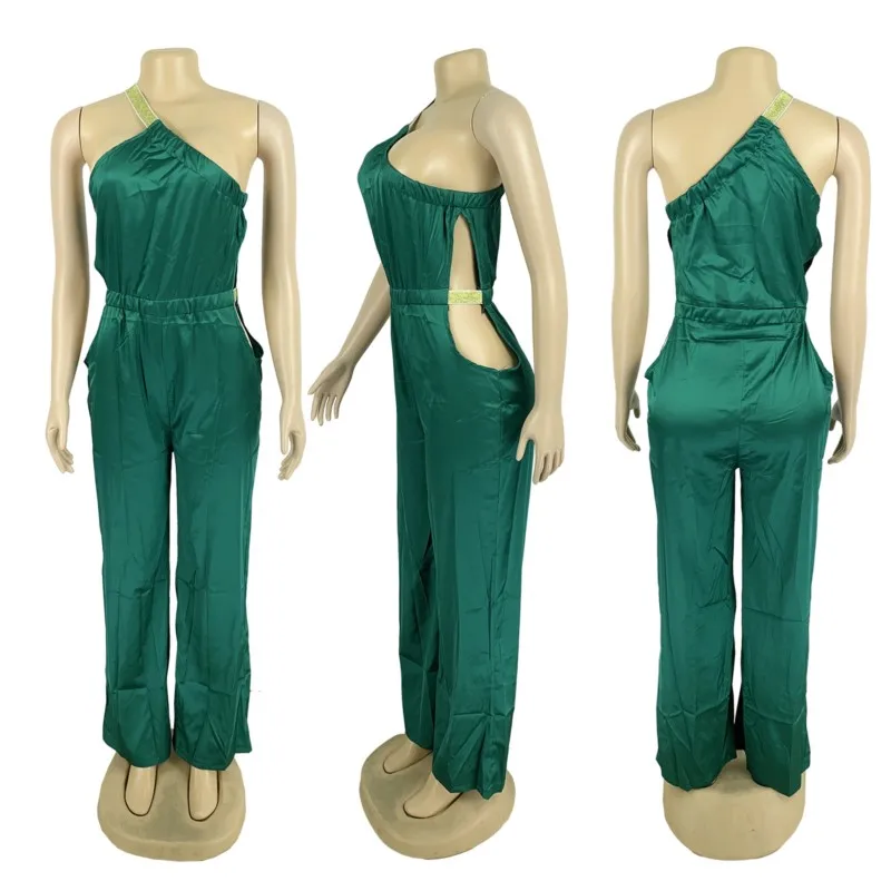 Summer New Sexy Suspender Jumpsuit Women's Fashion Nightclub Wear Bright Color Soft Sleeveless Bodysuit Bazin Straight Trousers