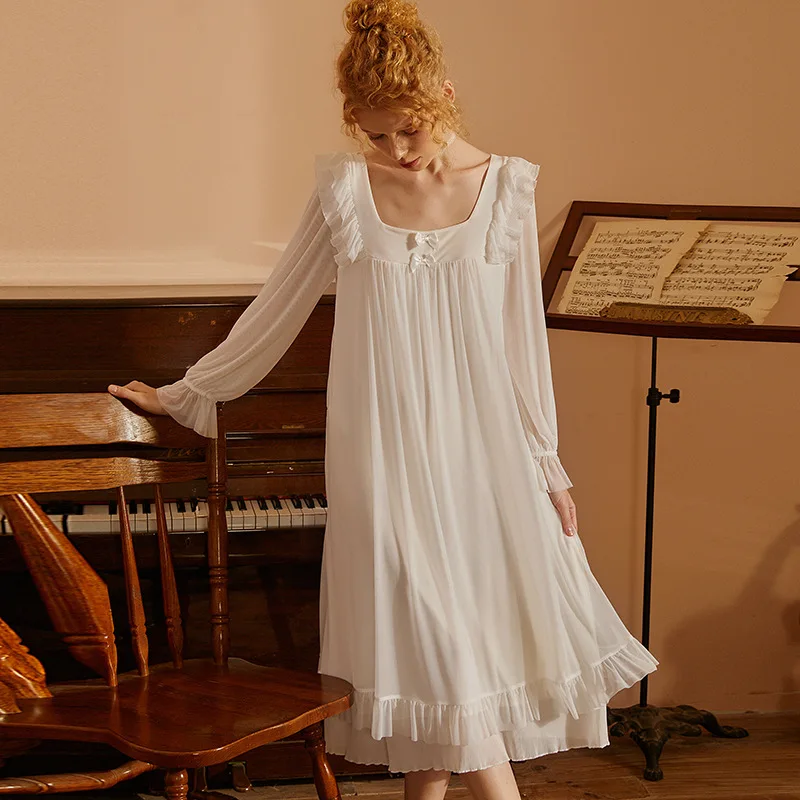 New Women's Retro Court Style Square Neck Soft Comfortable Stringy Selvedge Long Skirt Nightgowns Sleepshirts Sleepwear Pajama