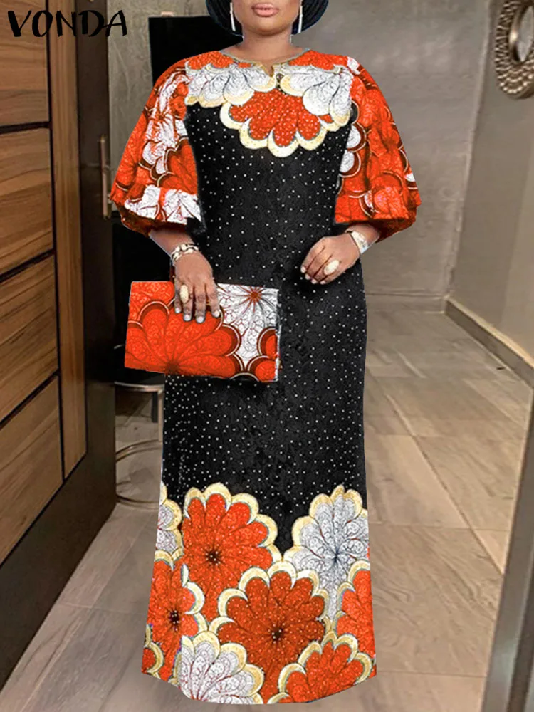 

2023 VONDA Bohemian Women Evening Dress Summer Vintage Half Sleeve Floral Printed Casual Loose Maxi Sundress Beach Robe Femme