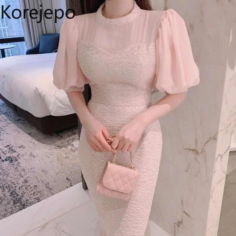 

Korejepo Mesh Dresses Puff Sleeve Women Spring and Summer 2022 New Korean Chic Sweet Temperament Round Neck Raw Edge Dress