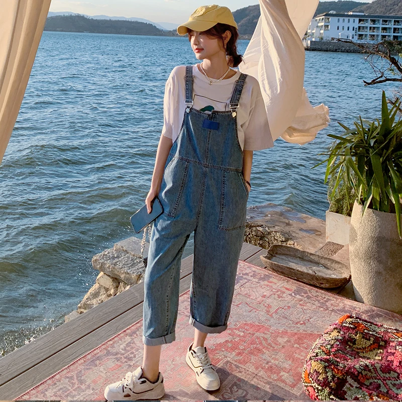 

Sweet Women's Light Washed Blue Jeans Overalls Ankle-length Pants Summer Thin Trousers