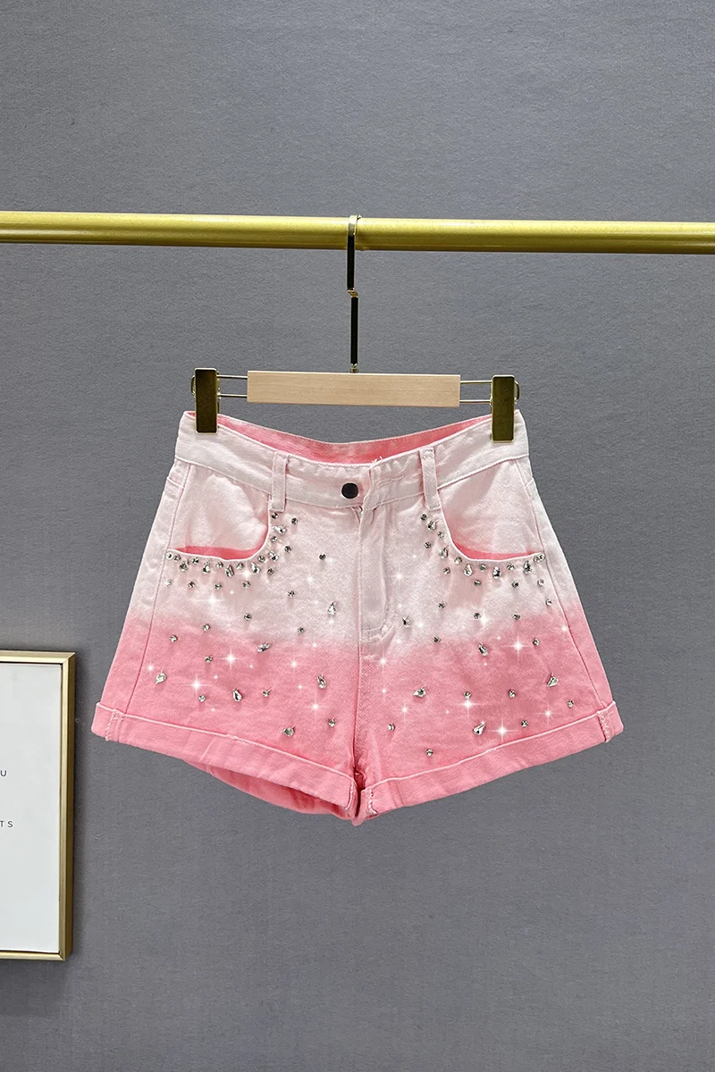 Diamond-Embedded Denim Shorts Women's Summer 2023 New High Waist Loose Slimming Ins European Style Wide-Leg Jeans Short Hot Pant