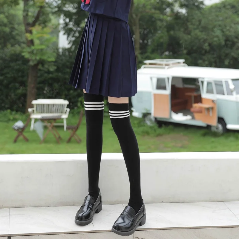 Three-Bar Cotton Double Needle Knee Socks Autumn and Winter Long Baseball Thigh High Socks Cotton Japanese Students' Socks Women