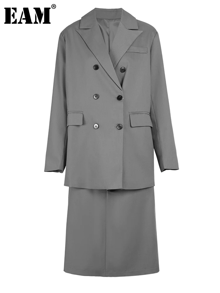 

[EAM] Half-body Skirt Gray Blazer Big Size Two Pieces Suit New Lapel Long Sleeve Women Fashion Tide Spring Autumn 2023 1DF7761
