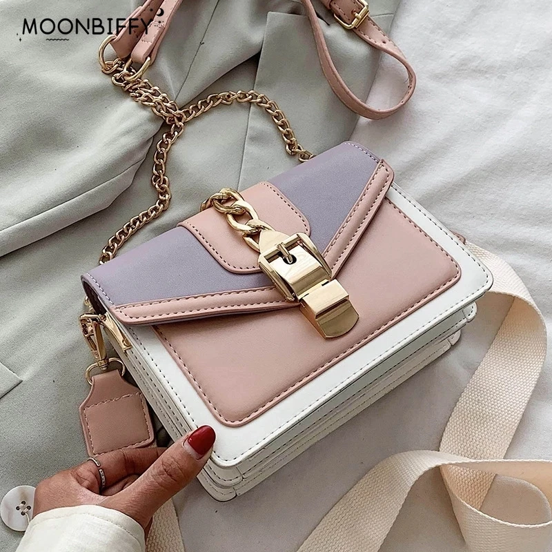 

Fashion Chain Lady Sling Bag Panelled Color PU Leather Crossbody Bag for Women 2022 New Wide Strap Shoulder Messenger Bag Ladies