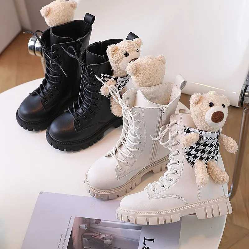 

Girls Boots 2022 New Kids Cartoon Boots Princess Girl Shoes Cotton-padded Shoes Black Beige Color Mid-calf Boots