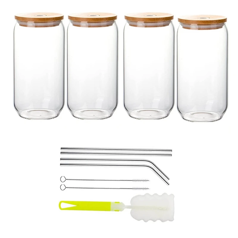

4 Pack Drinking Glasses With Bamboo Lid 16Oz Can Shaped Glass Tumbler Cups, Beer Glasses Iced Coffee Glasses For Whiskey