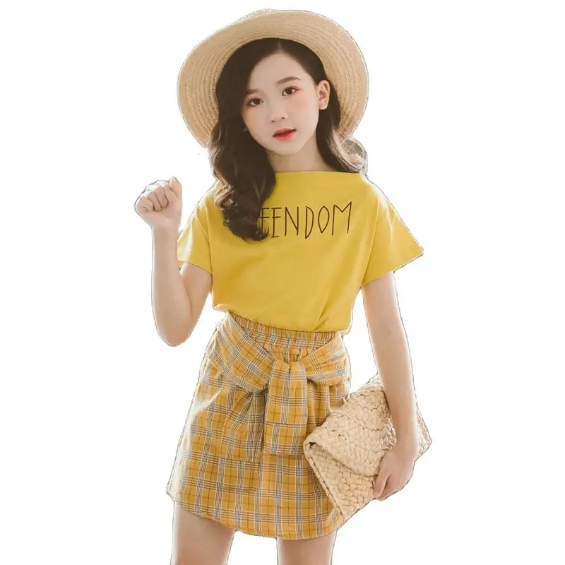 

Girls Clothes T-Shirt Short Skirt 2 Piece Sets Children's Letters Short Sleeve Plaid Skirt Suit Youth Fashion Baby Girl Clothes