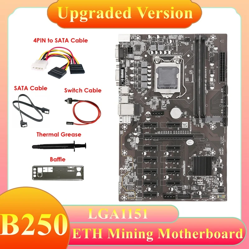 

B250B ETH Mining Motherboard+4PIN To SATA Cable+SATA Cable+Switch Cable+Baffle+Thermal Grease 12PCIE MSATA For BTC