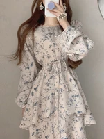 summer dress chiffon floral dress female midi dress 2022 new korean one piece chic retro o neck double layer ruffled lace dress