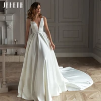elegant simple satin wedding dress 2022 for women pleats a line deep v neck sleeveless backless with pearl bridal gown