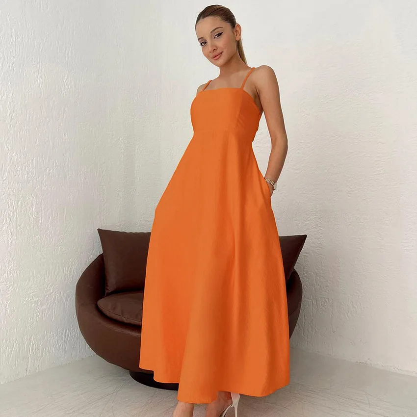 

2023 New Chiffon Orange Sexy Strap Dress Summer Fashion Women's Wear