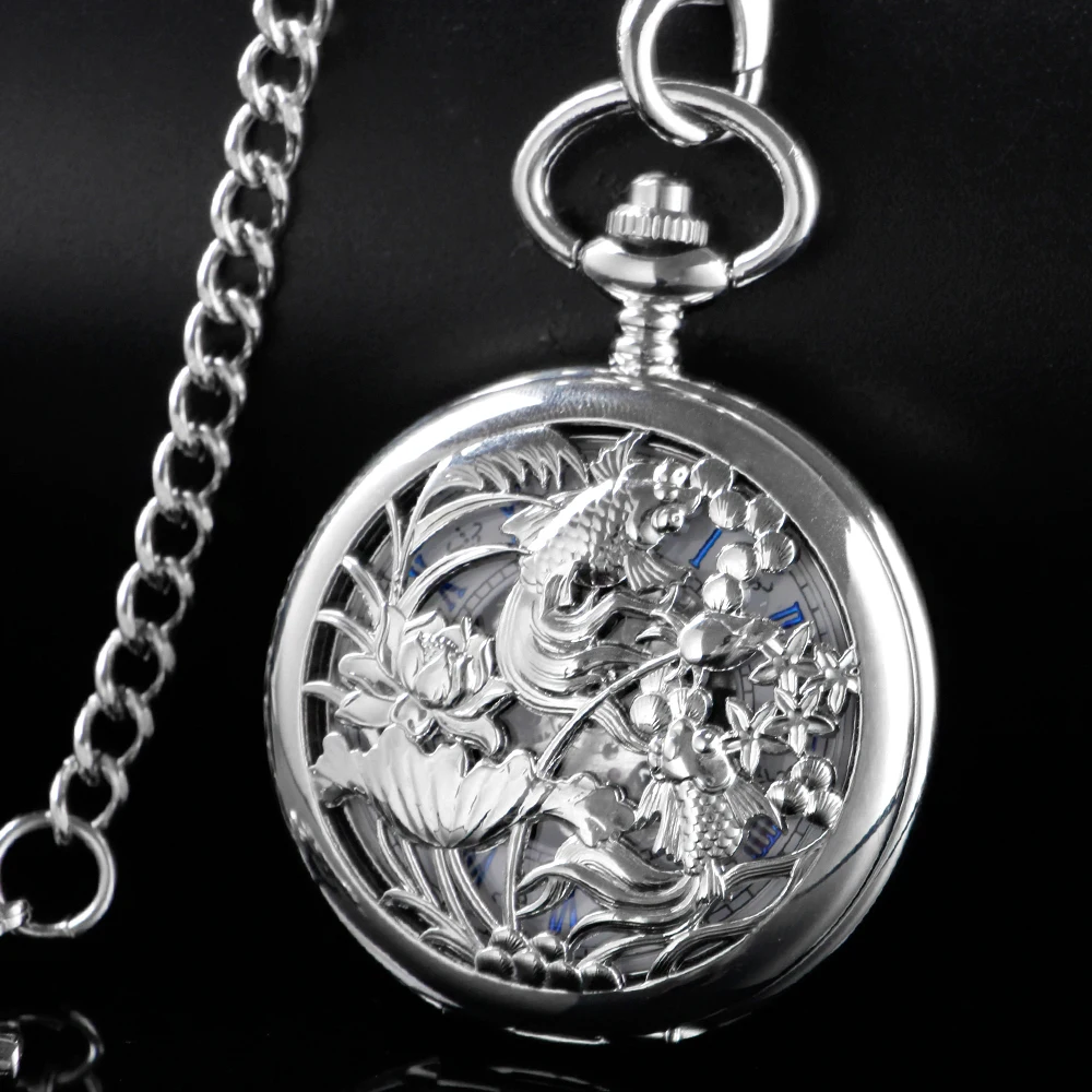Silver Carp Hollowed-Out Design Mechanical Manual Pocket Watch Roman Digital Skull Dial Pendant Automatic Antique Clock Gift