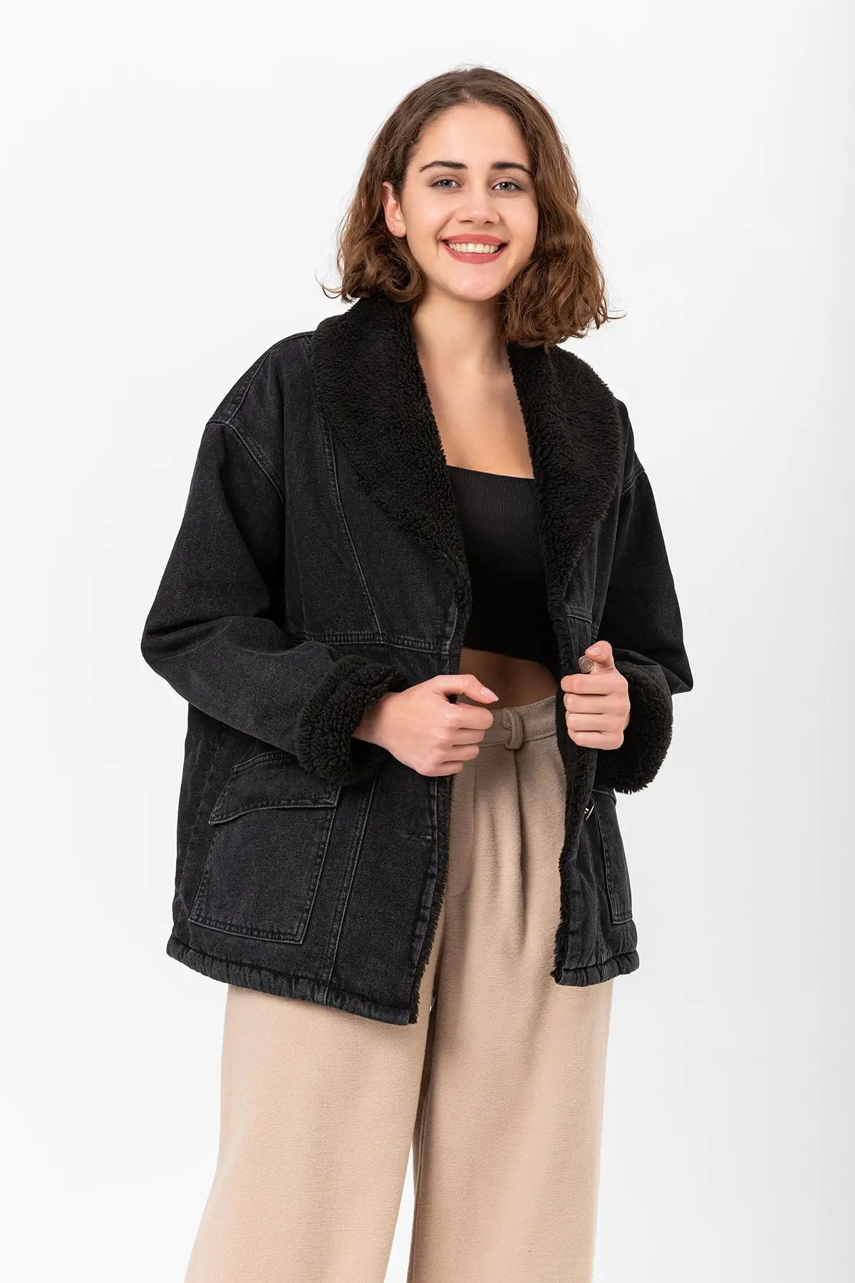 

Women's Black with Furs Inside Oversize Denim Coats Denim Jackets Personalized Design