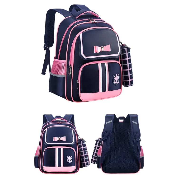 Girl Boy Students Cute British Style Bow Lattice Backpacks New Grade 1-6 Children Large Capacity Fashion Schoolbags with Pen Bag