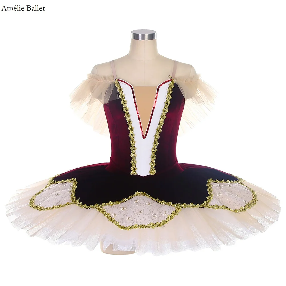 

BLL133 Off Shoulder Pre-Professional Ballet Dance Tutu Burgundy Velvet Bodice with Deep V Insert In The Front Pancake Tutus