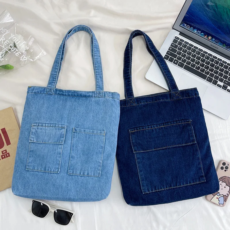 

2023 Large Capacity Women Shoulder Bags Wild Casual Handbag Street Canvas Denim Shoulder Bag Solid Color Zipper Shopping Bag