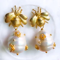 missvikki noble trendy vintage golden natural pearl pendant earrings for women girl bridal wedding party show earring jewelry