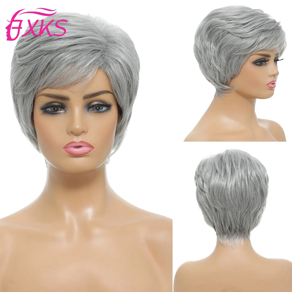 

Gray Short Wavy Synthetic Hair Wigs Silver Blonde Brown Color Hair Synthetic Wigs With Side Swept Bangs 6Inch For Women FXKS