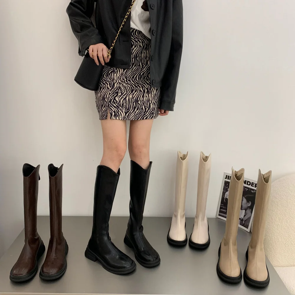 New Luxury Chelsea Boots Women's Knee Boots Autumn PU Leather Female Shoes Low Heel Ankle Boots Slip On Chunky Boots For Woman