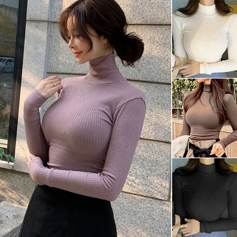 

Winter Autumn Women's Turtleneck Knitted Sweater High Collar Casual Soft Neck-Neck Sweater Slim Pullover