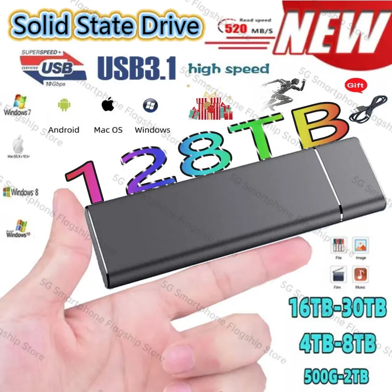 

Original High-speed Portable SSD 128TB 16TB 8TB External Hard Drive HD Mass Storage USB 3.1 Interface for Laptop/ Smartphone/ PC