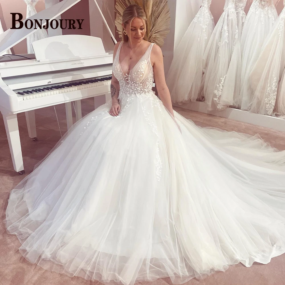 

BONJOURY Pastrol A-line Wedding Dresses For Woman 2024 Bridal Sleeveless Lace Up Tulle Appliques Customised Robe De Mariée