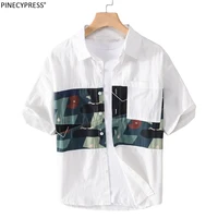 100 cotton anti pilling man summer casual streetshirt patchwork short sleeve white turn down collar single breasted men shirts