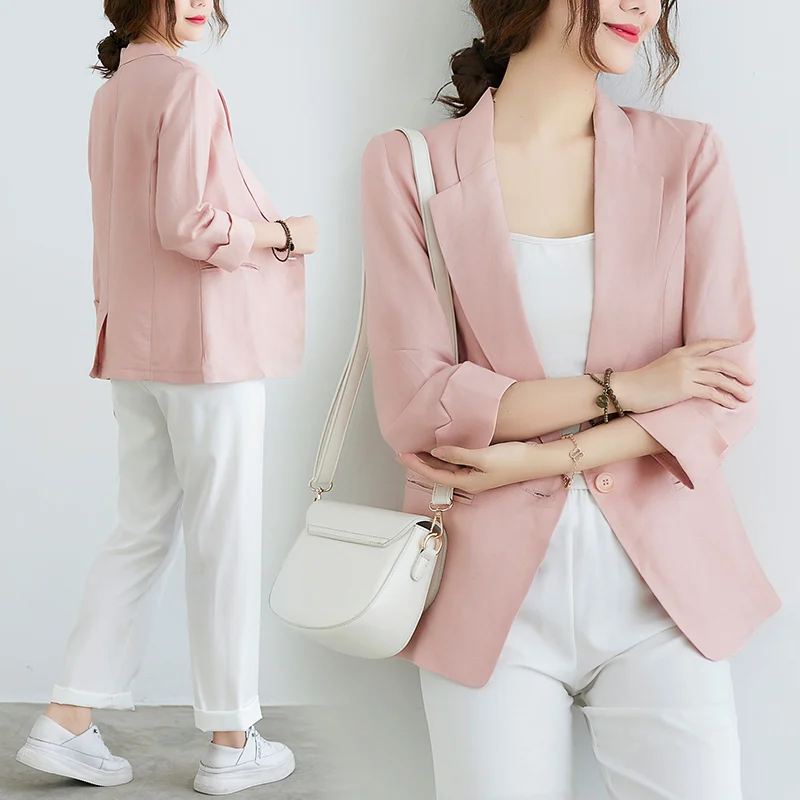 

2022 Seven Point Sleeve Cotton Linen Suit Coat Women's Summer Thin Casual Top Korean Short Suit Solid Color