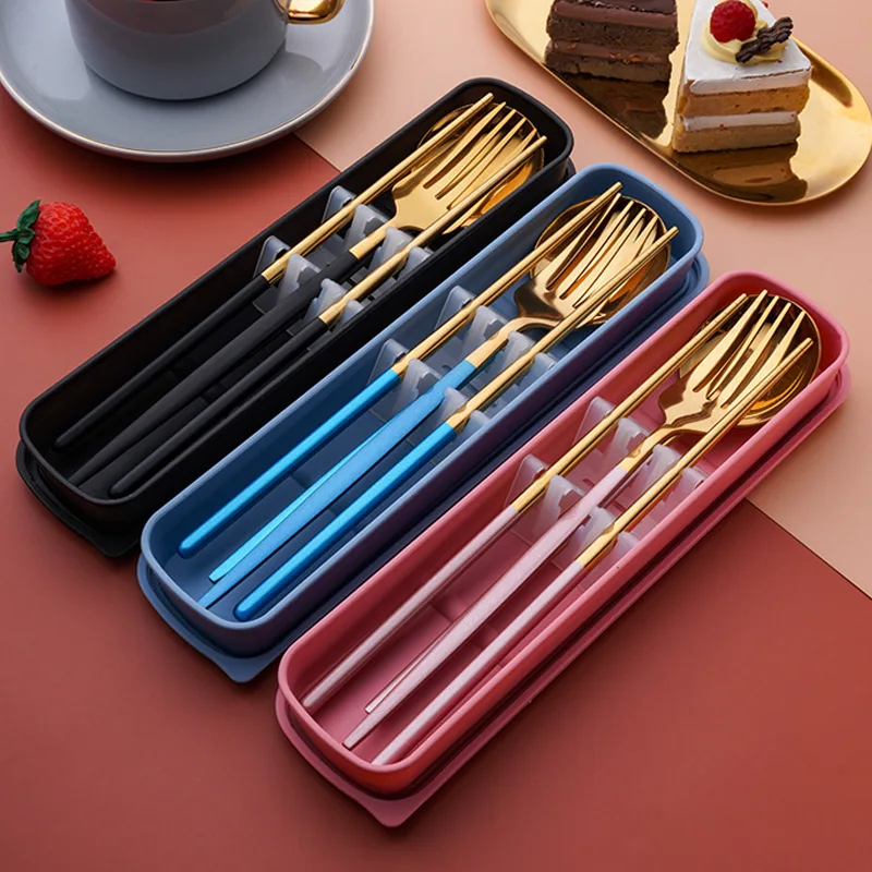Cutlery with Box Holder Dinnerware Spoon Fork Chopsticks Set Travel Tableware Stainless Travel Cutlery Set Utensil Case