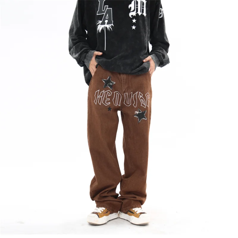 Star Patch Embroidered Loose Men's Jeans Harajuku Retro Street Hip Hop High Waist Loose Jeans Pants Mens Y2k Men’s Jeans Cotton